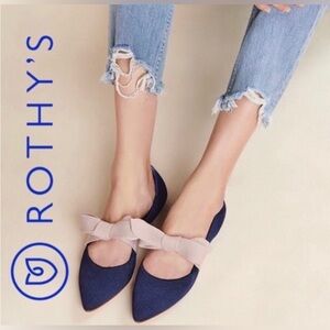 Rothy’s Limited Edition Mary Janes Blue with Pink Bow Tie. Pointed Toe. Size 8.